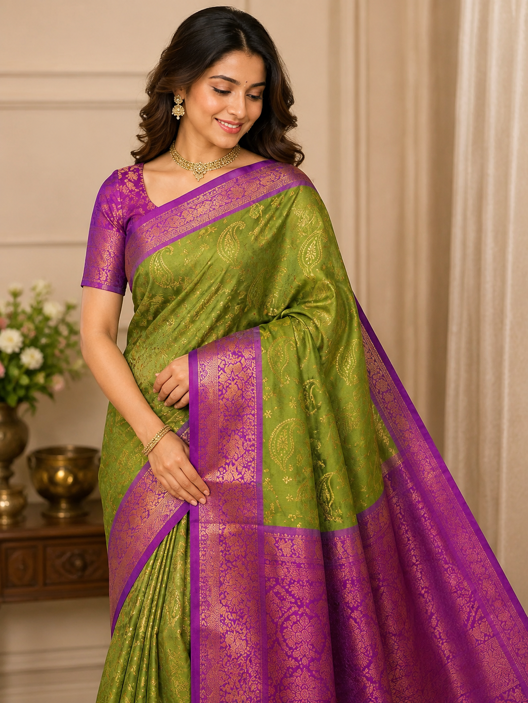 Green & Purple Softy Silk Saree