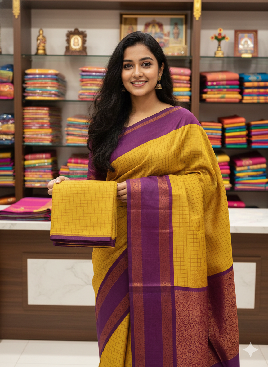 Mustard Gold with Purple Elegance – Soft Silk Saree