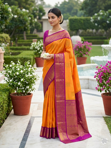 GOLD With Magenta Kanjivaram Soft Silk Saree