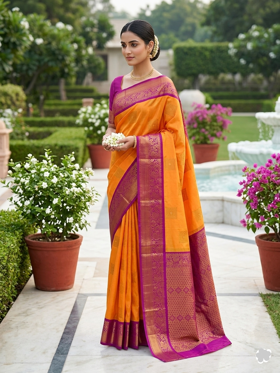 GOLD With Magenta Kanjivaram Soft Silk Saree