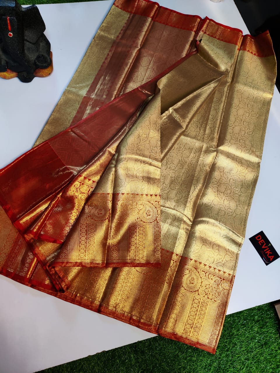 Banarasi Silk Gold Saree with Rich Red Border