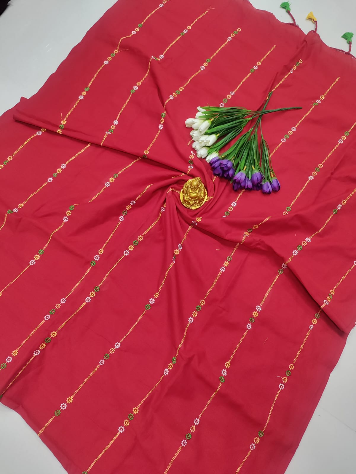 Red Cotton Embroidered Saree