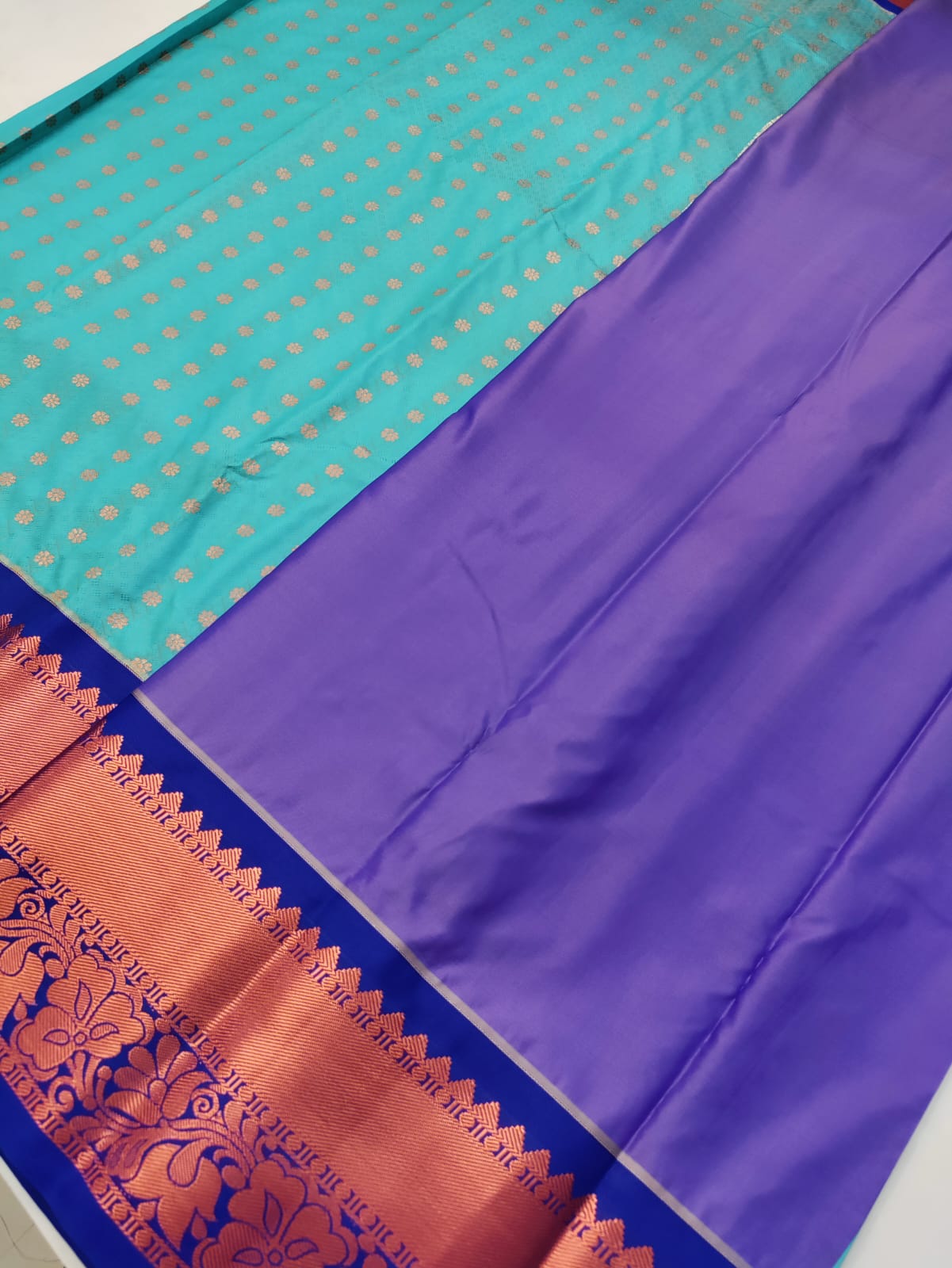 Sky Blue Dharmavaram Saree with Royal Blue Kottange Zari Border & 1000 Zari Buttas