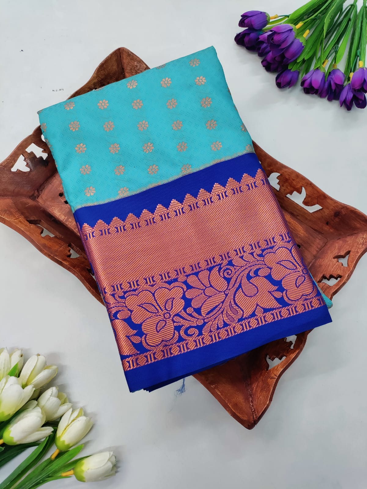 Sky Blue Dharmavaram Saree with Royal Blue Kottange Zari Border & 1000 Zari Buttas