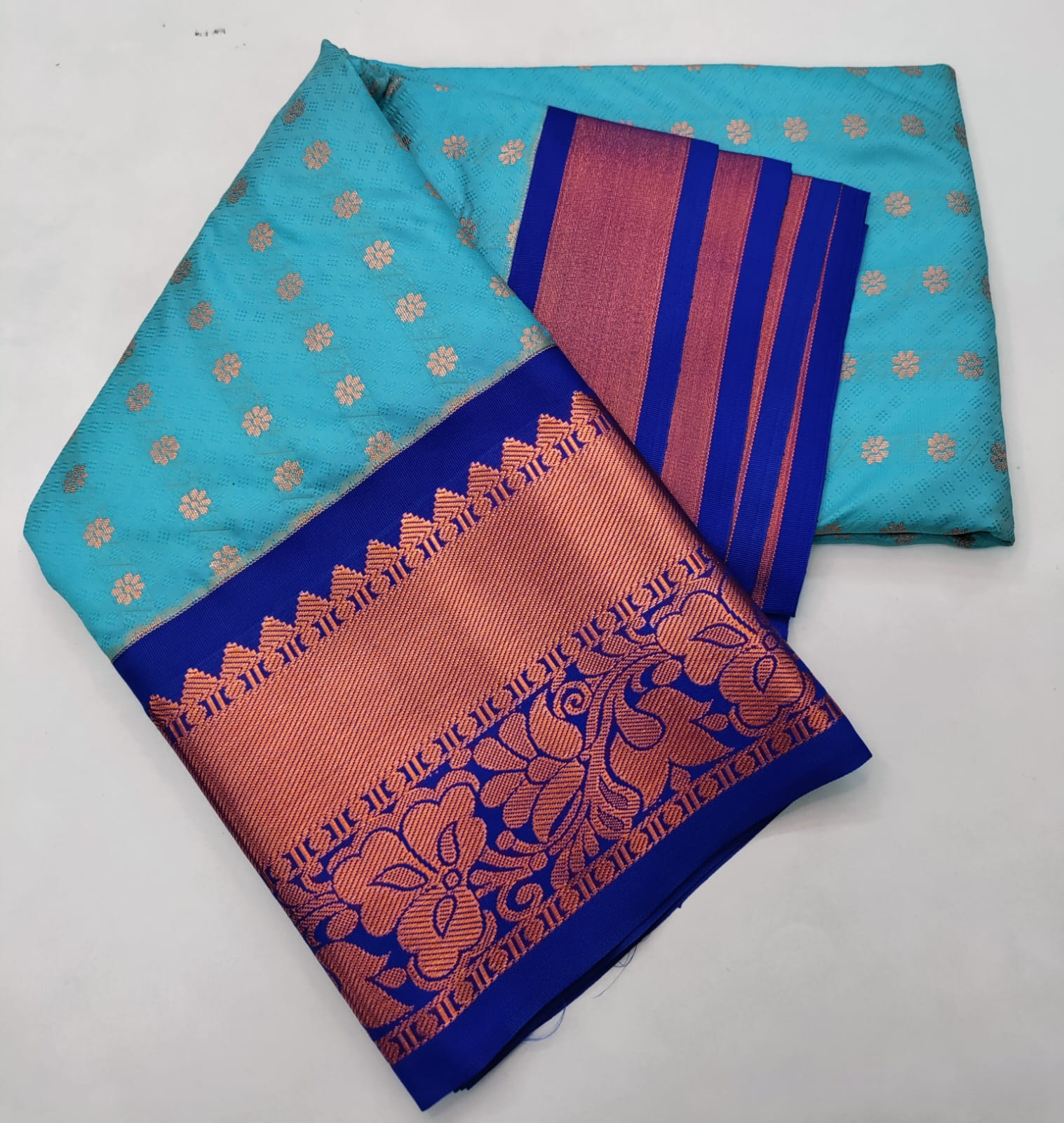 Sky Blue Dharmavaram Saree with Royal Blue Kottange Zari Border & 1000 Zari Buttas