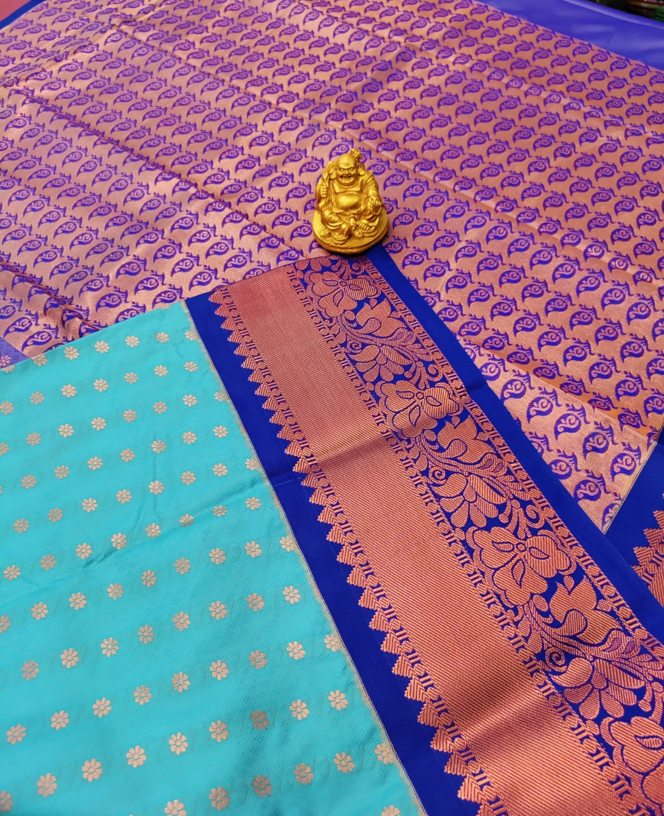 Sky Blue Dharmavaram Saree with Royal Blue Kottange Zari Border & 1000 Zari Buttas