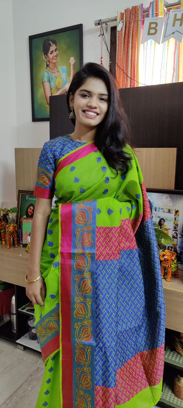 Parrot Green Silk Cotton Saree with Thread Border & 1000 Small Thread Butta