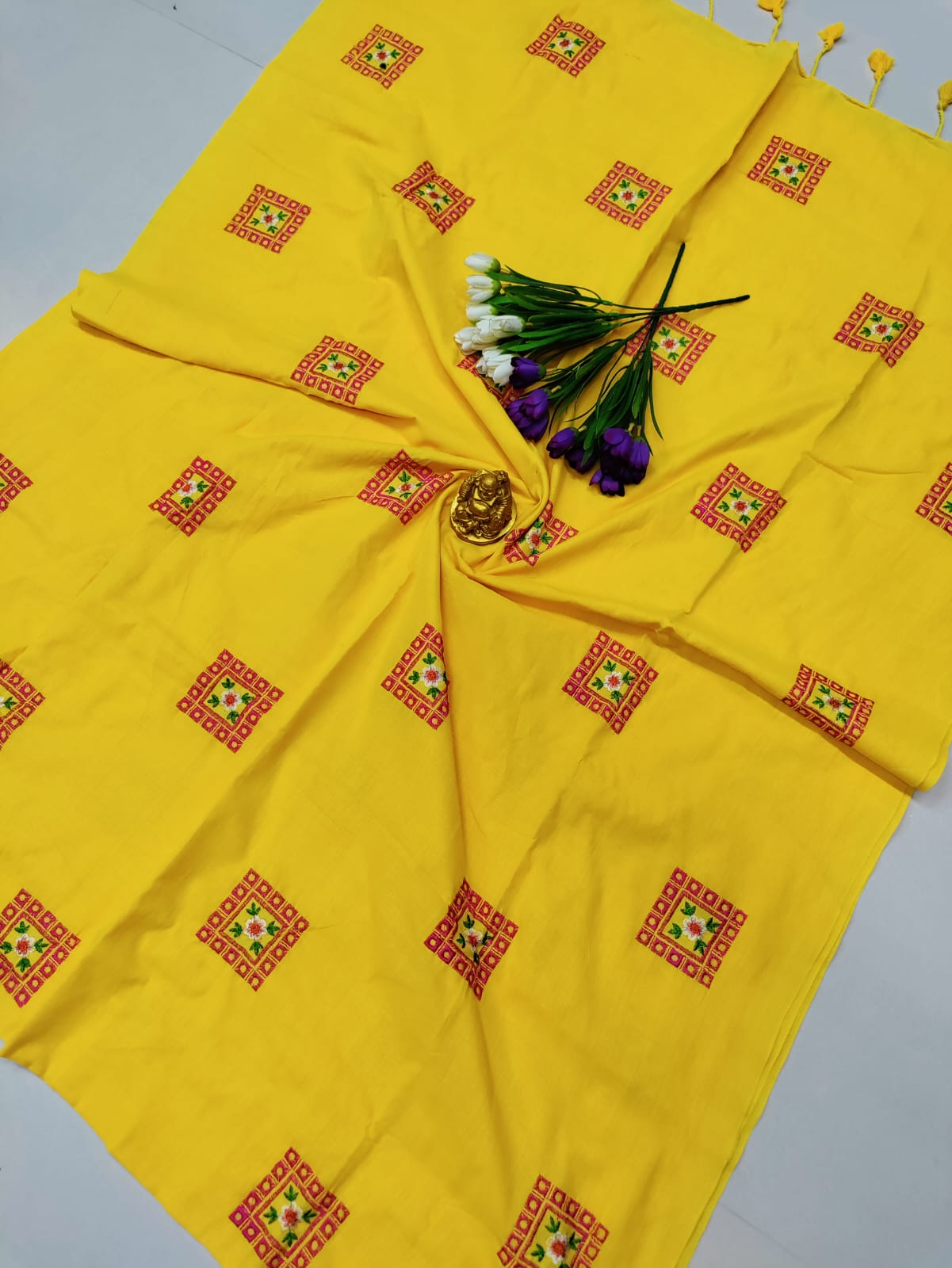 Bright Yellow Premium Embroidered Cotton Saree – Festive Elegance