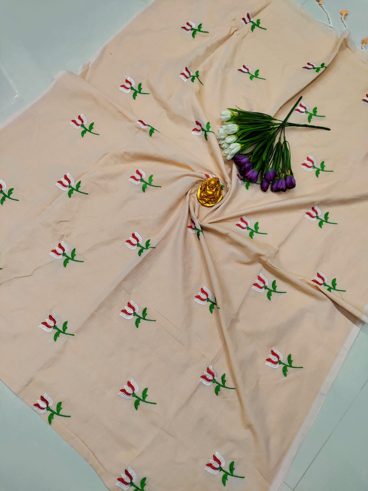 Peach Premium Cotton Saree with Floral Embroidery