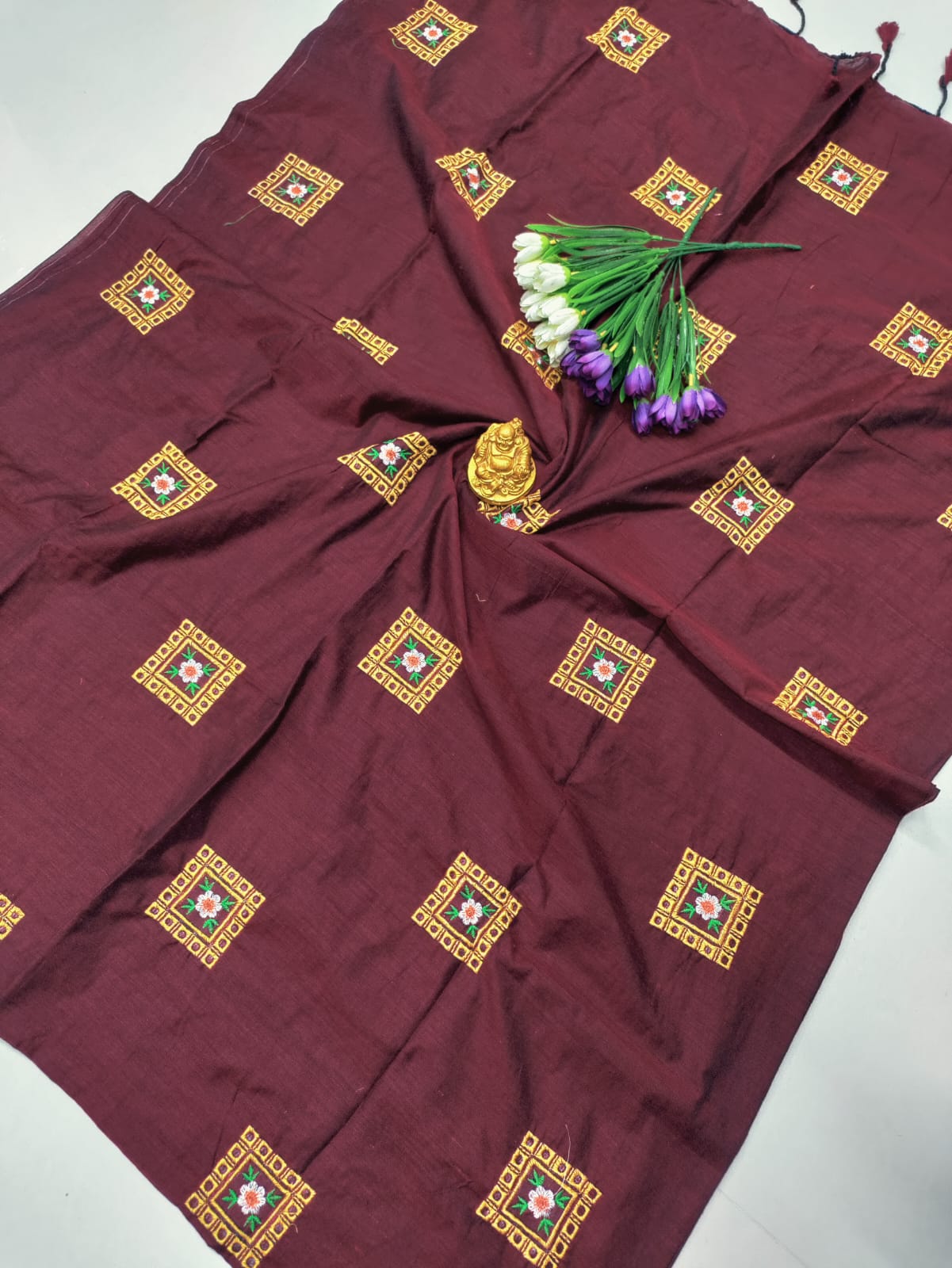 Maroon Premium Cotton Saree with Elegant Embroidery