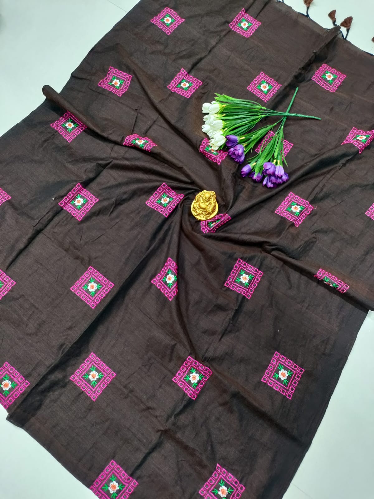 Dark Brown Premium Cotton Saree with Geometric Floral Embroidery