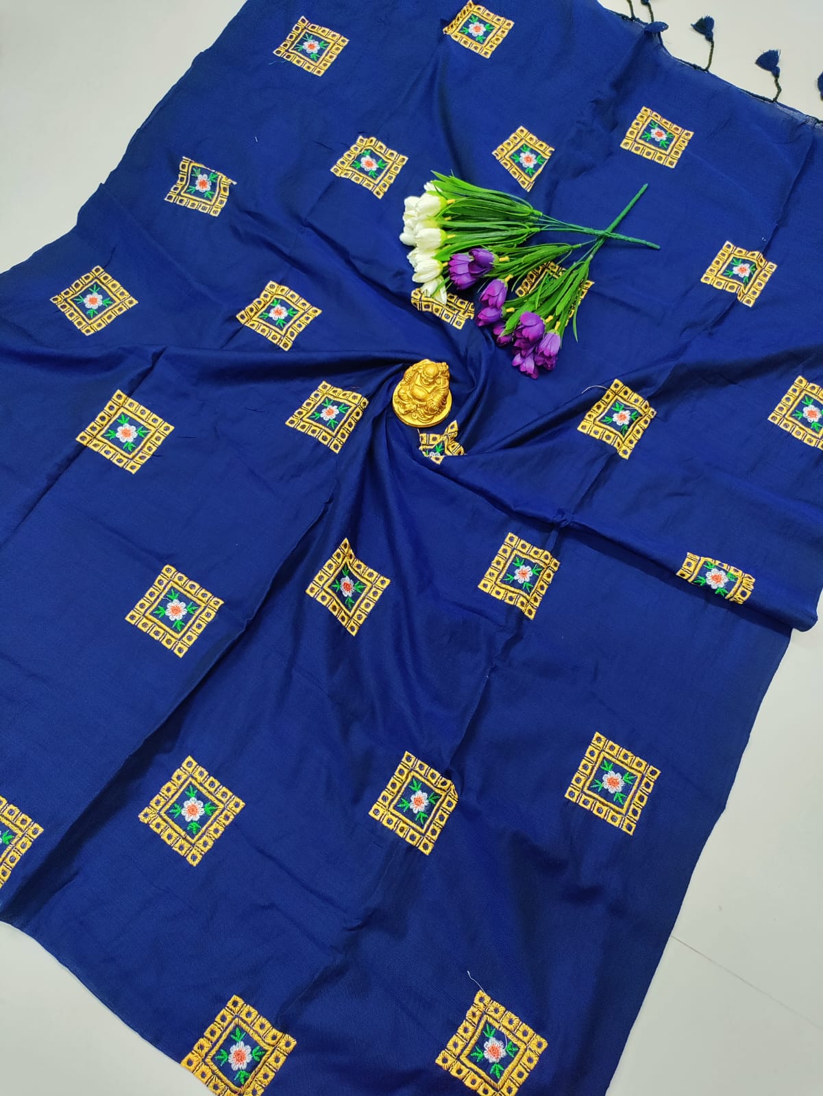 Royal Blue Premium Cotton Saree with Golden Geometric Embroidery
