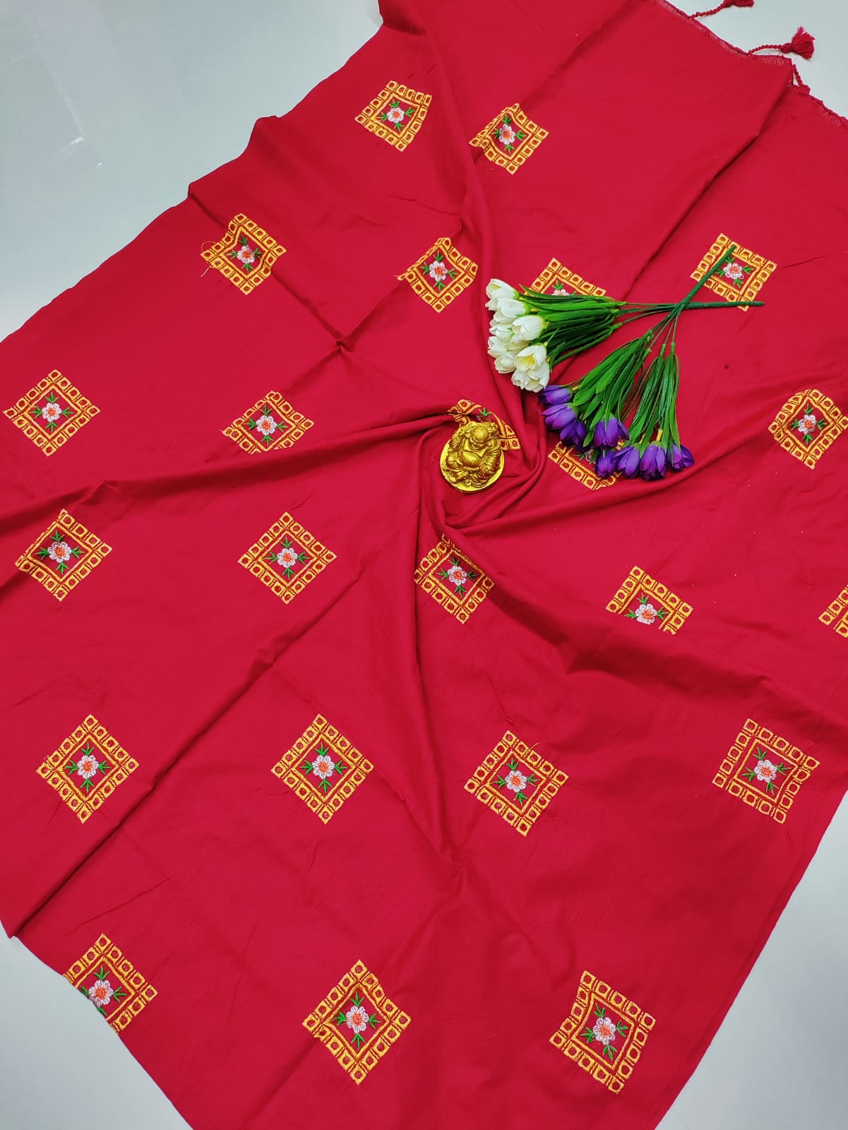 Red Premium Cotton Saree with Elegant Embroidery