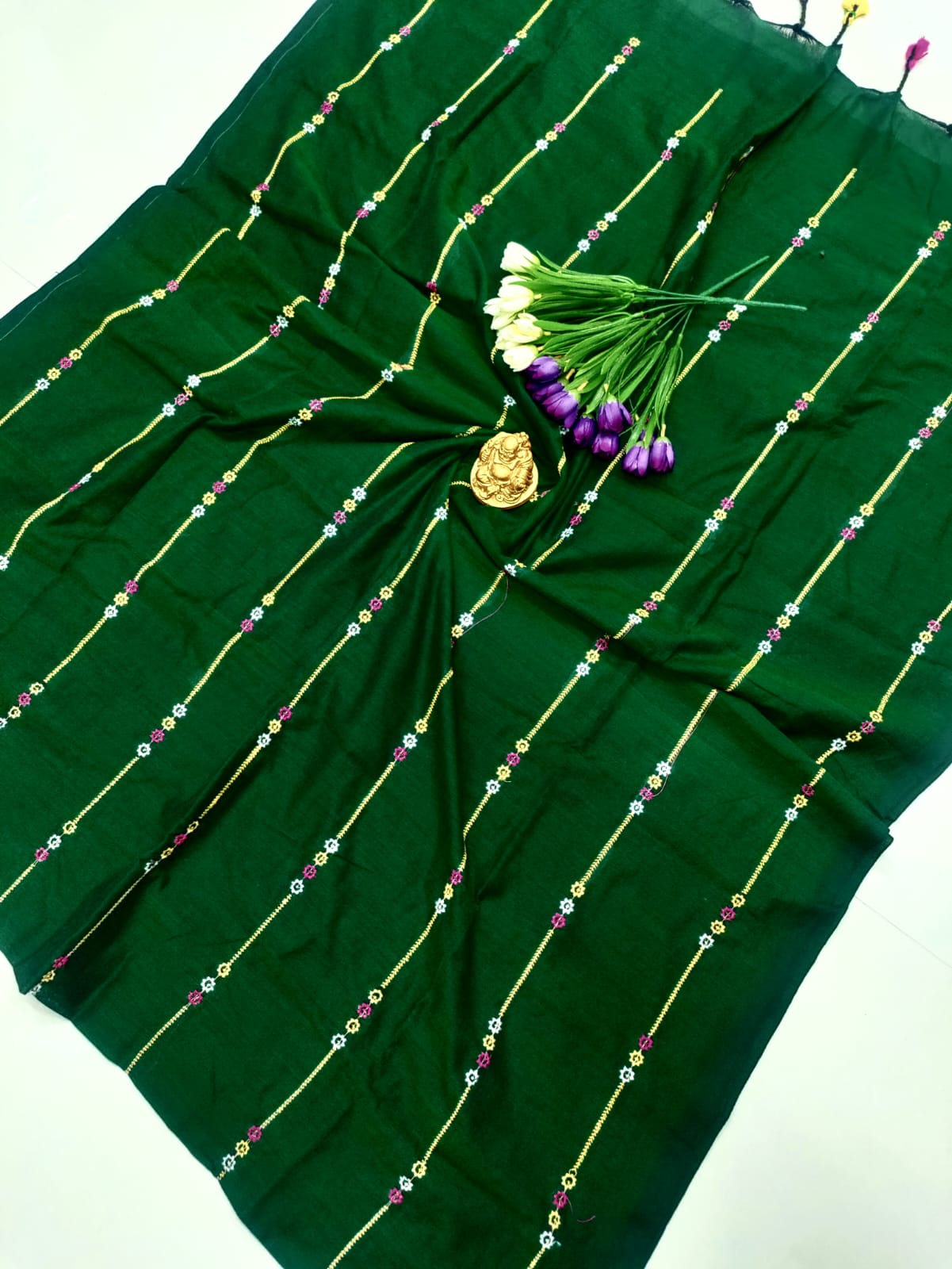 BOTTLE Green Premium Cotton Saree with Elegant Embroidery