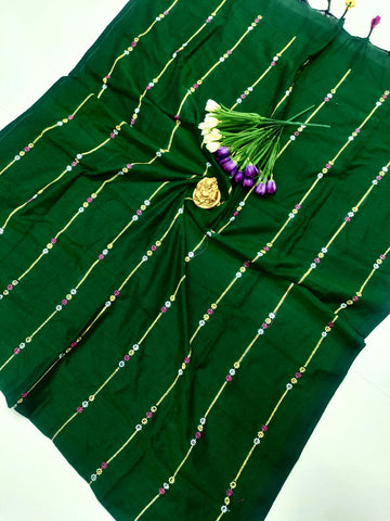 BOTTLE Green Premium Cotton Saree with Elegant Embroidery