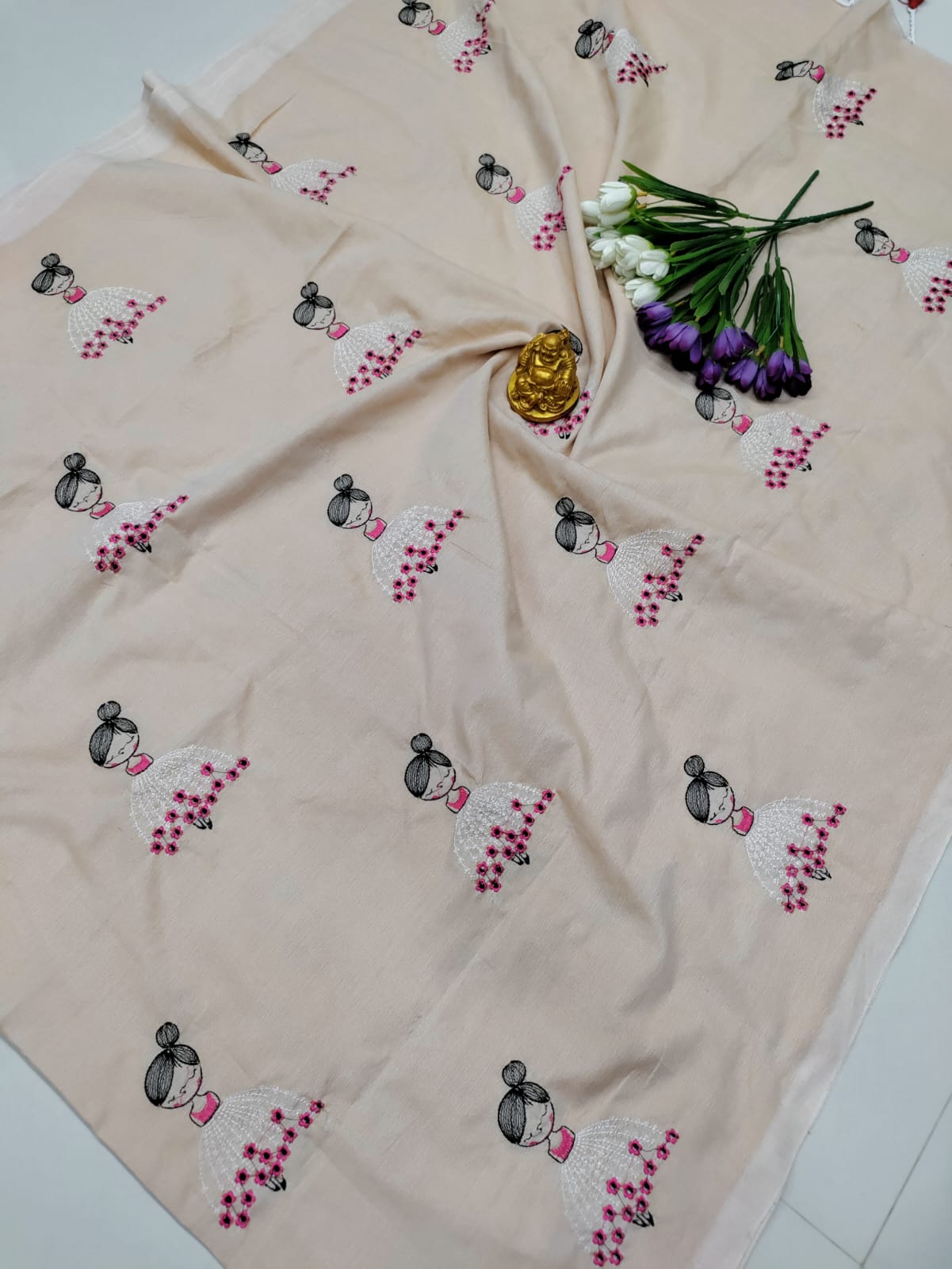 Cream White Premium Cotton Saree with Elegant Embroidery