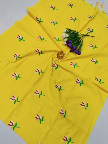 Yellow Premium Cotton Saree with Elegant Embroidery