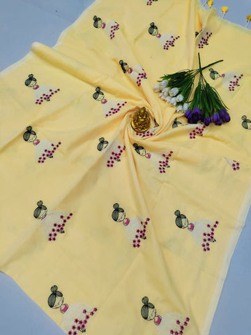 Cotton Premium Embroidery Saree – Light Yellow