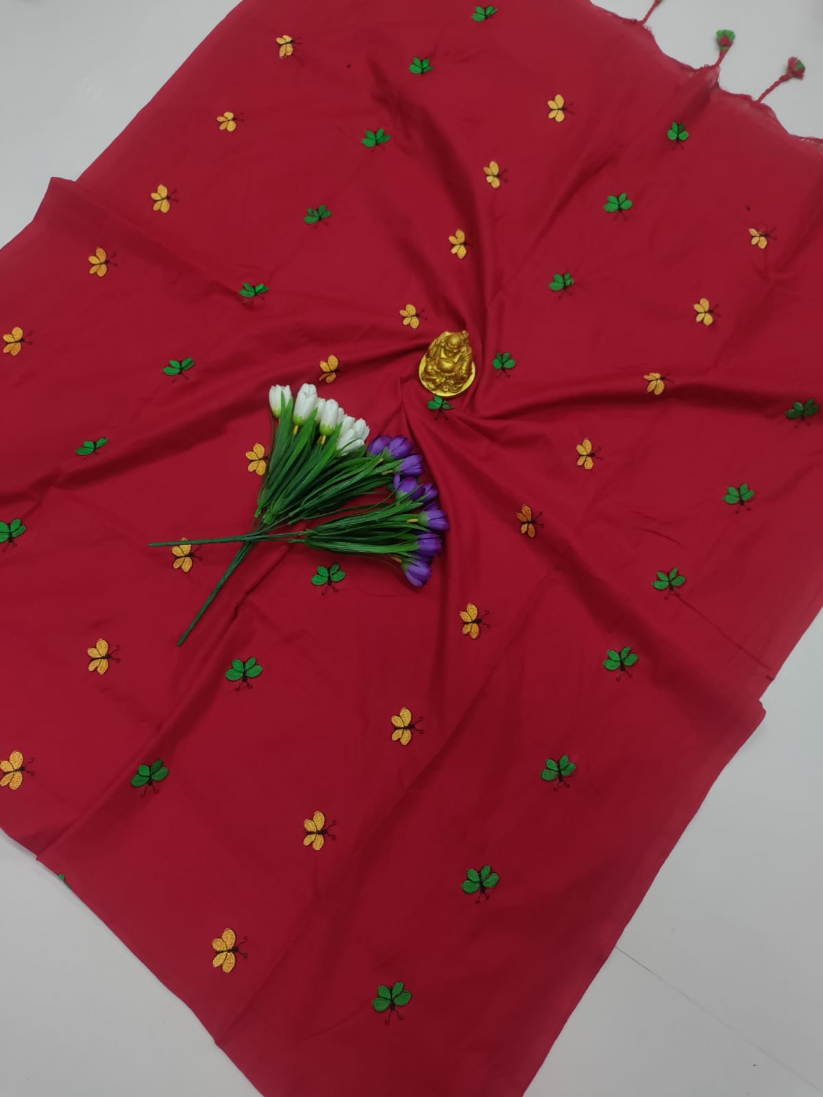 Cotton Premium Embroidery Saree – Red