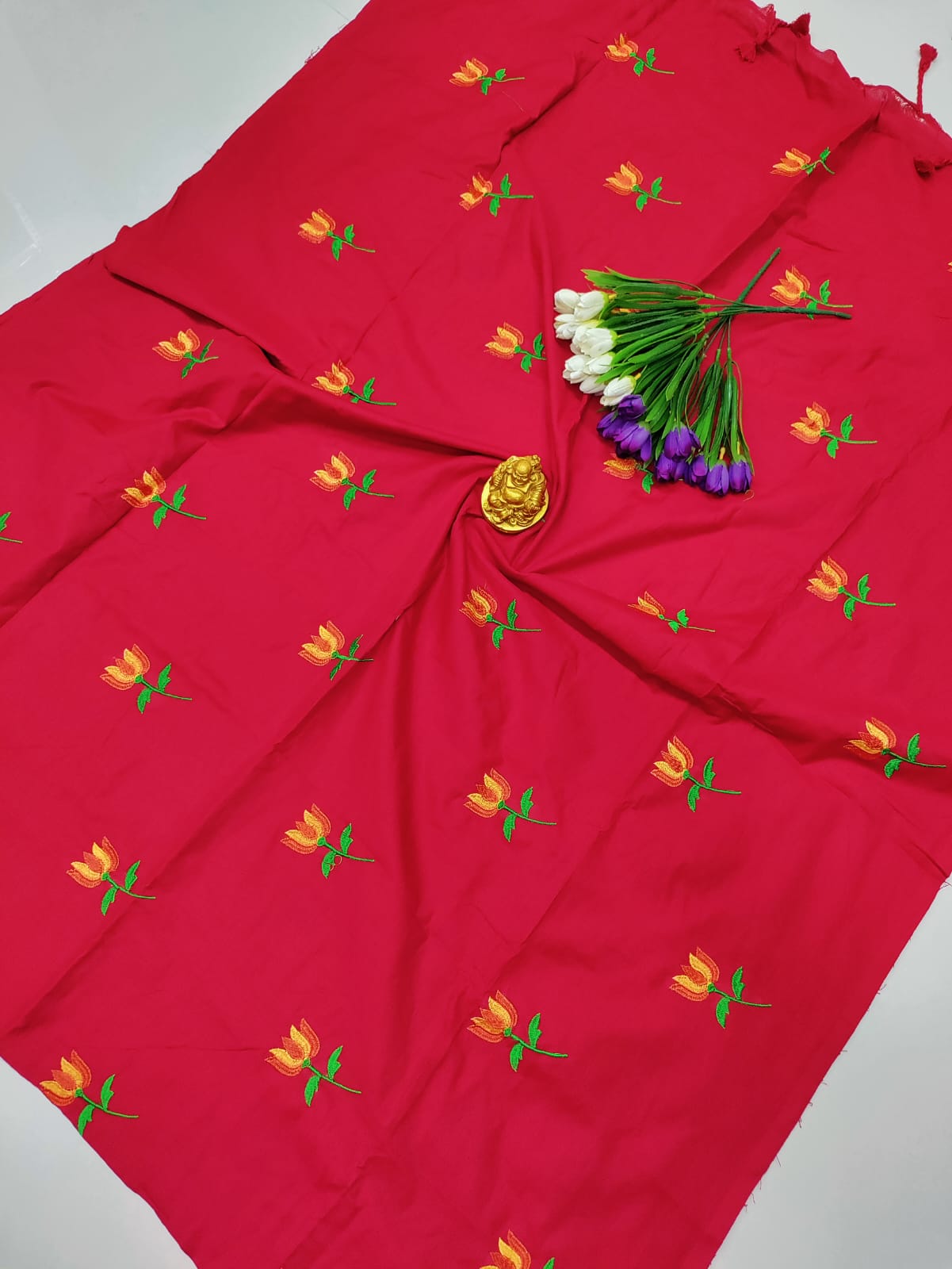 Cotton Premium Embroidery Saree – Red