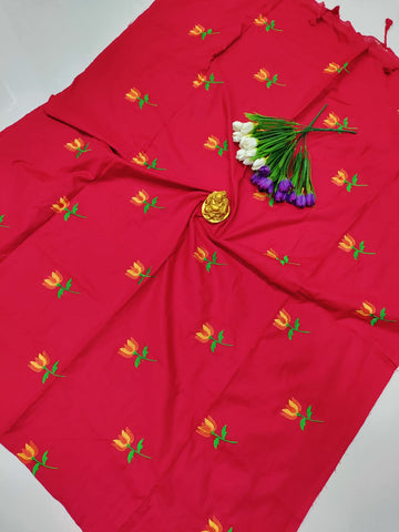 Cotton Premium Embroidery Saree – Red