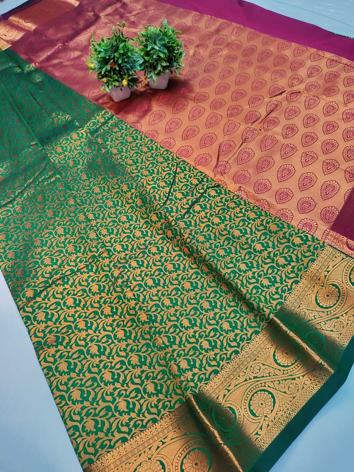Emerald Green & Copper Bridal Kanjivaram Silk Saree