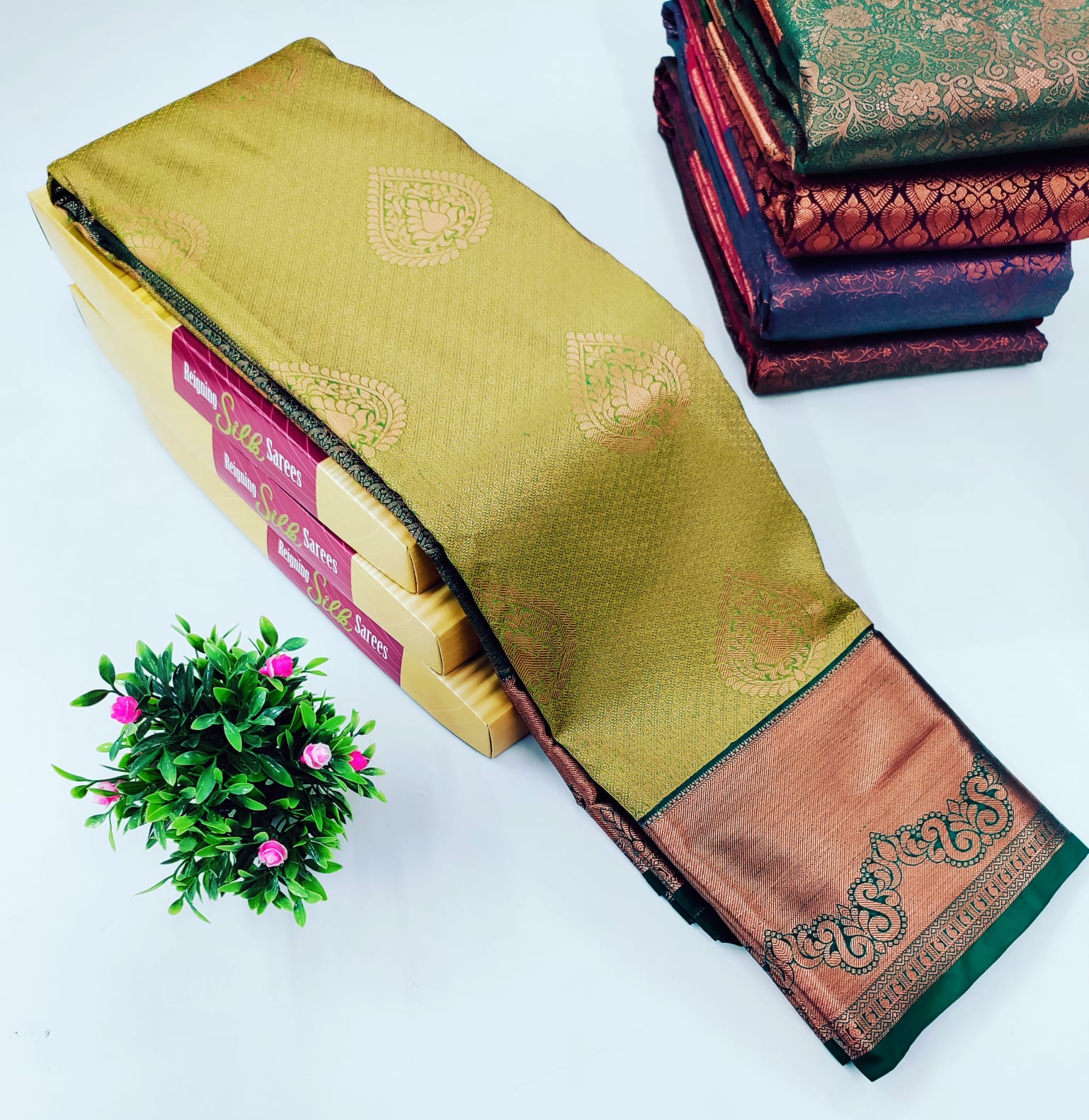 Mustard Green with Copper Zari Border – Alaya  Silk Saree