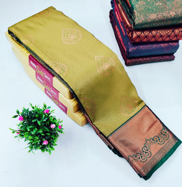 Mustard Green with Copper Zari Border – Alaya  Silk Saree