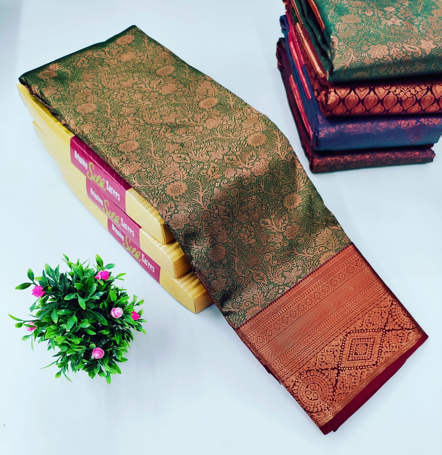 Bottle Green with Rust Zari Border – Alaya  Silk Saree