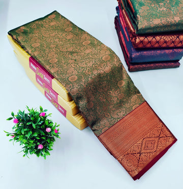 Bottle Green with Rust Zari Border – Alaya  Silk Saree
