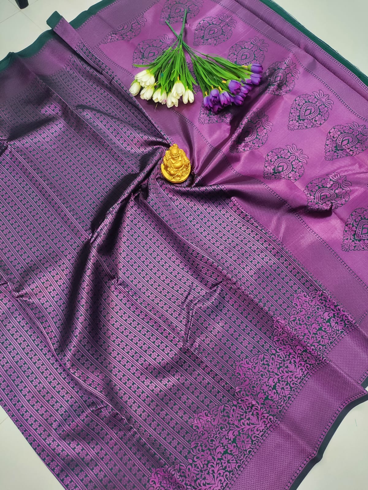 Bottle Green Soft Silk with Royal Purple Zari – Wedding Elegance
