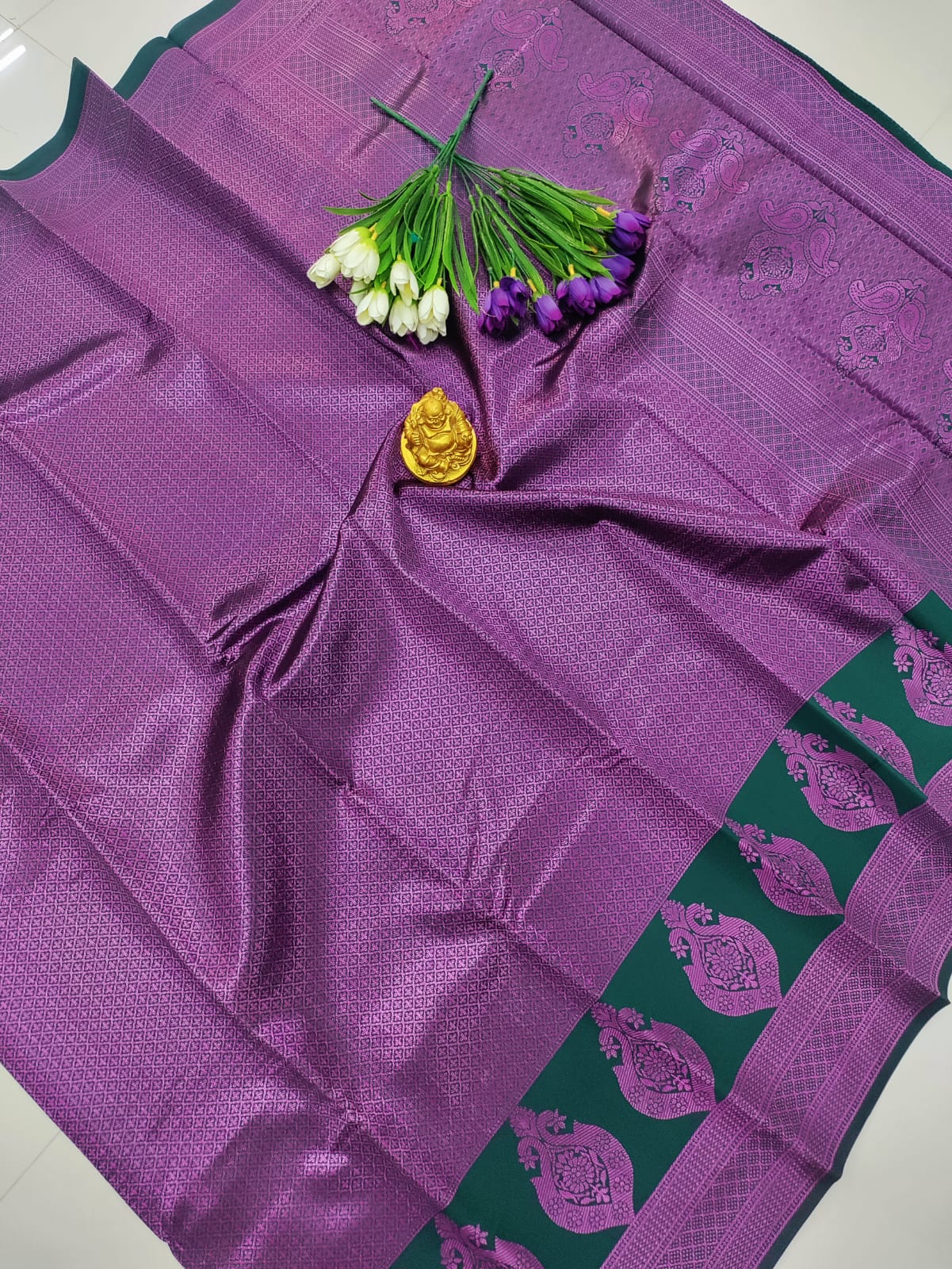 Bottle Green Soft Silk with Royal Purple Zari – A Regal Wedding Classic