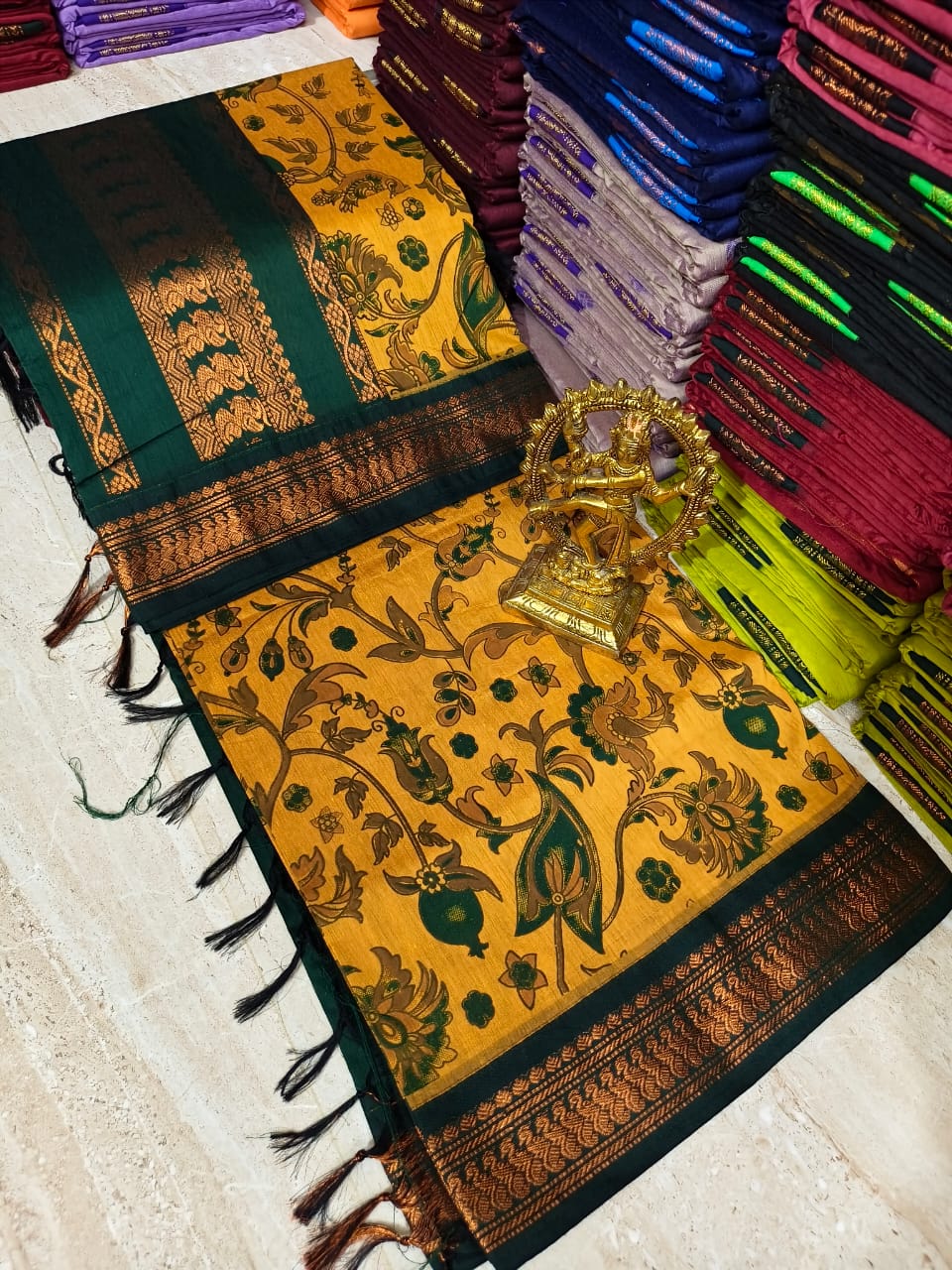 Premium Kalyani Cotton Saree – Gold with Bottle Green (Kalamkari Print)