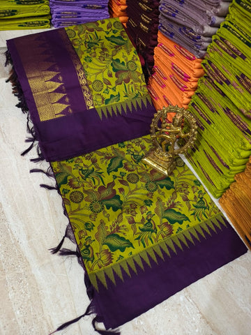 Premium Kalyani Cotton Saree – Mehandhi with Nagapalam (Kalamkari Print)