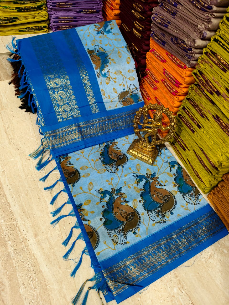 Premium Kalyani Cotton Saree – Pastel with Sky Blue (Kalamkari Print)