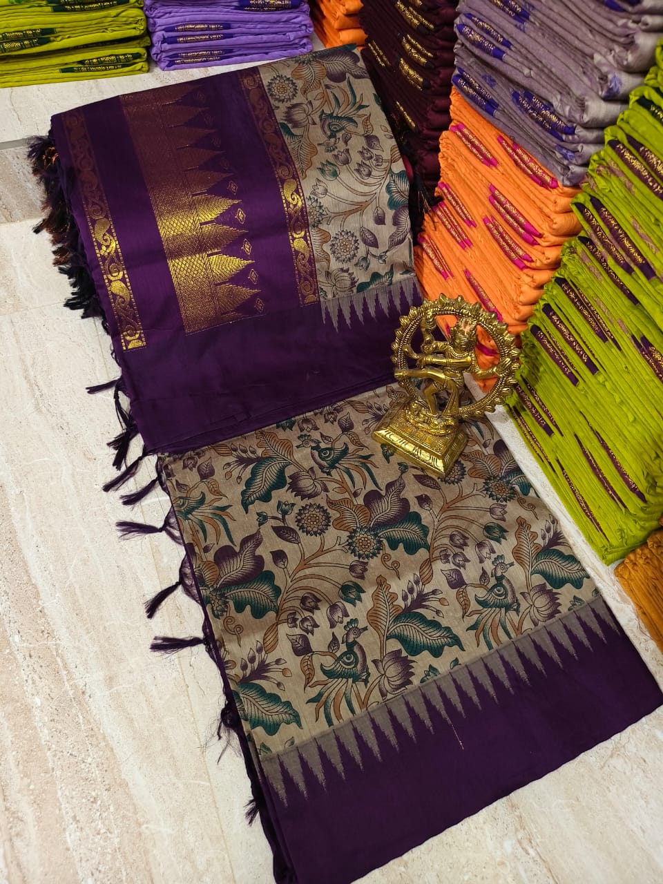 Premium Kalyani Cotton Saree – Kalamkari Print with Purple Border