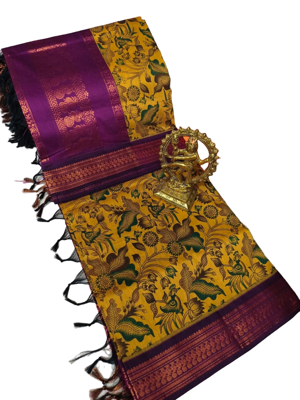 Premium Kalyani Cotton Saree – Mustard Kalamkari with Purple