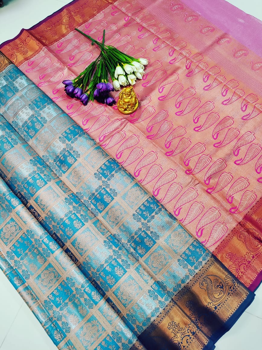 Peach Pink & PEACOCK Blue Tissue SILK Saree