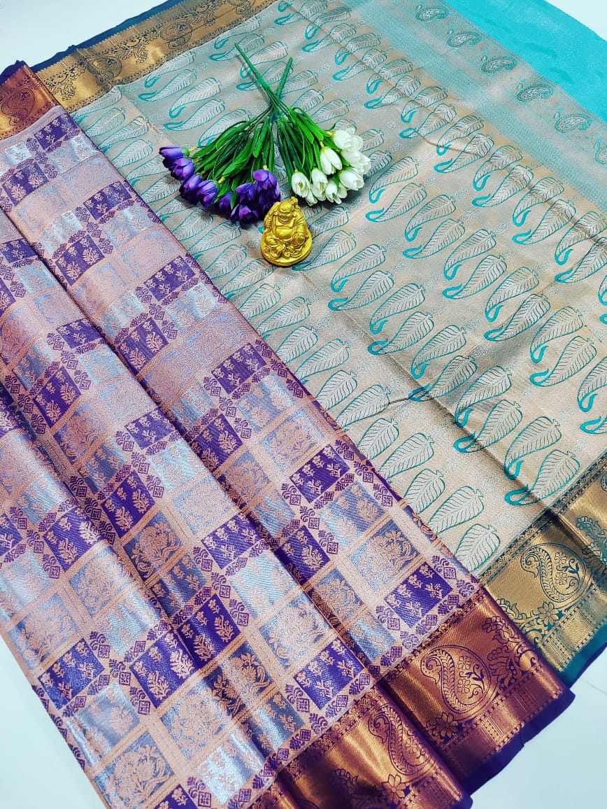 Samrudhi Silver Aqua & Royal Purple Tissue Pattu Saree