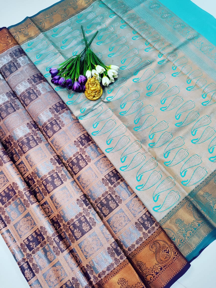Royal COFEE & Teal Kanchipuram Tissue Wedding Silk Saree