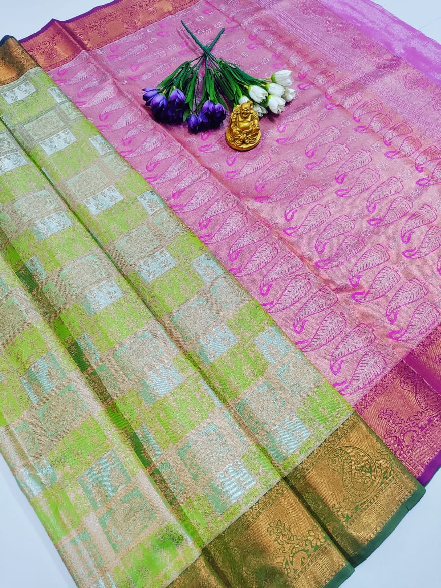 Sowmya Pink & Green Tissue Pattu Saree