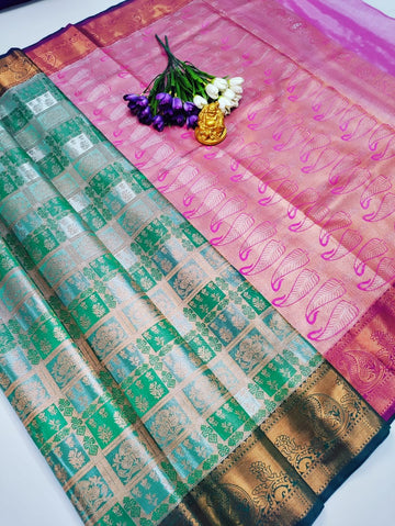 Anugraha Leaf Green with Pink Tissue Silk Saree