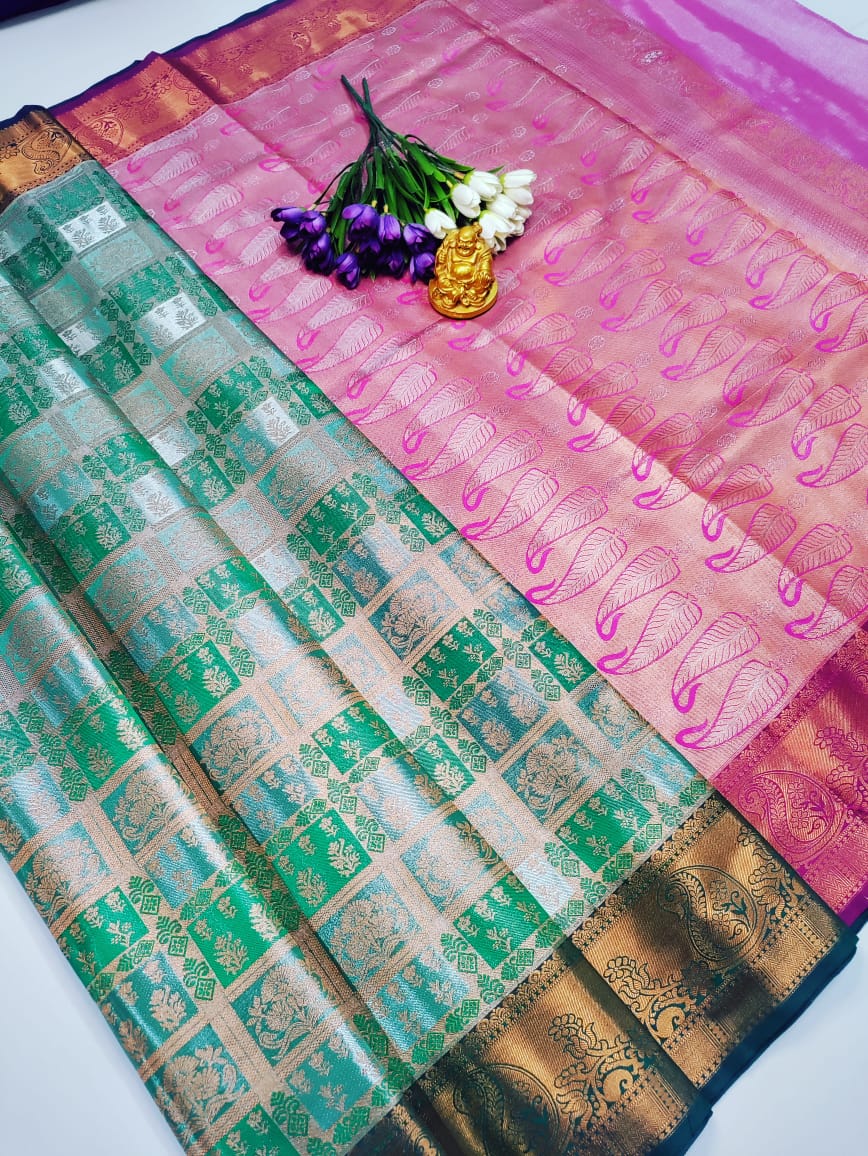 Anugraha Leaf Green with Pink Tissue Silk Saree