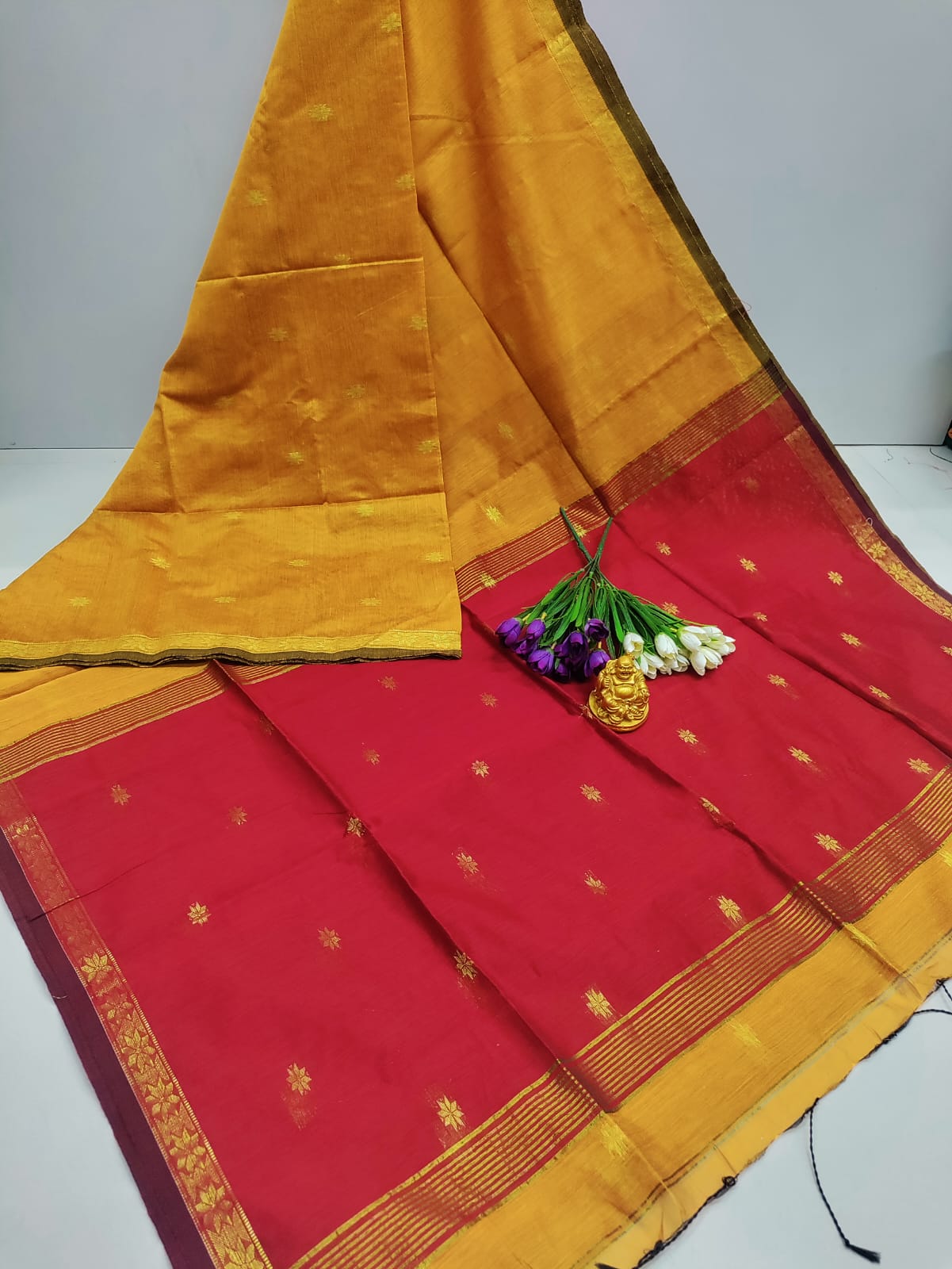 Swarna Gold with Red Maheshwari Cotton Saree