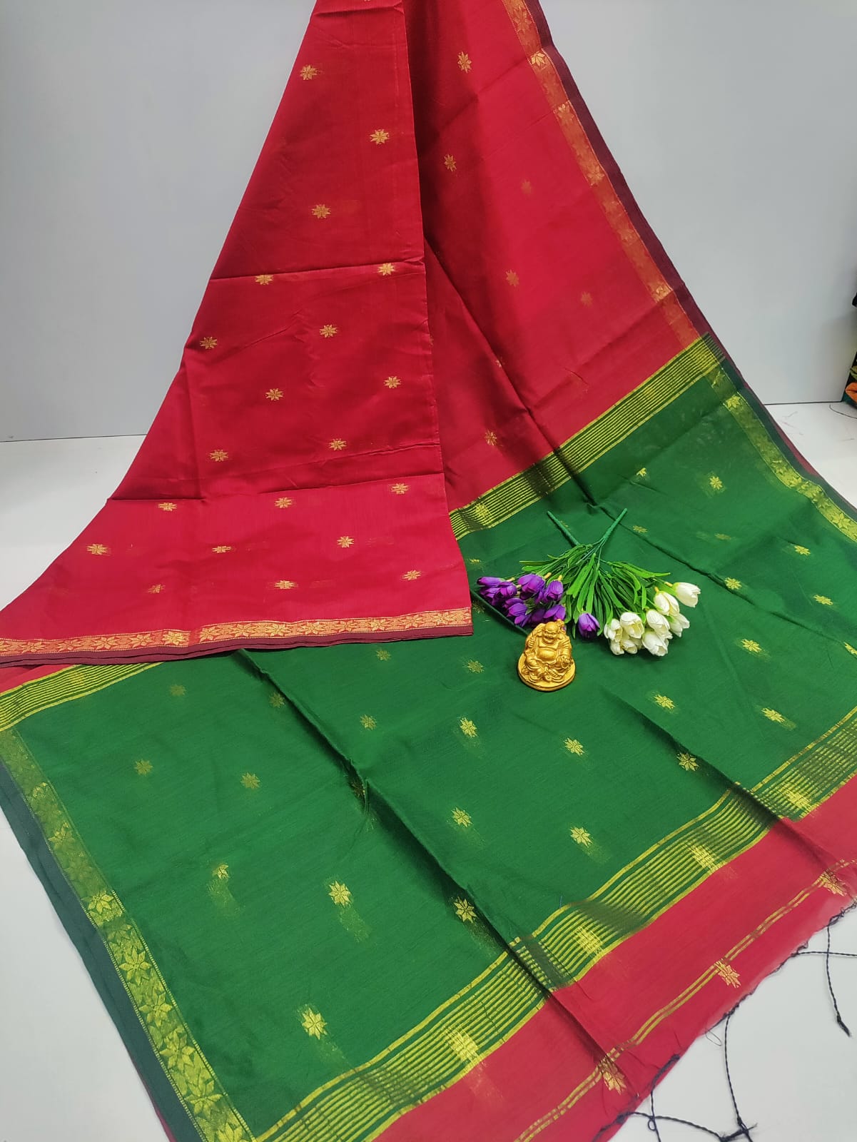 Red with Green Maheshwari Cotton Saree