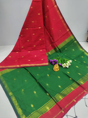 Red with Green Maheshwari Cotton Saree