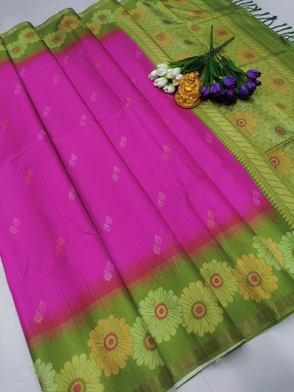 Vibrant Pink & Green Floral Silk Saree