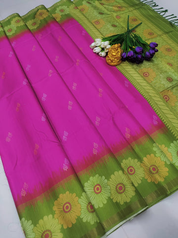 Vibrant Pink & Green Floral Silk Saree
