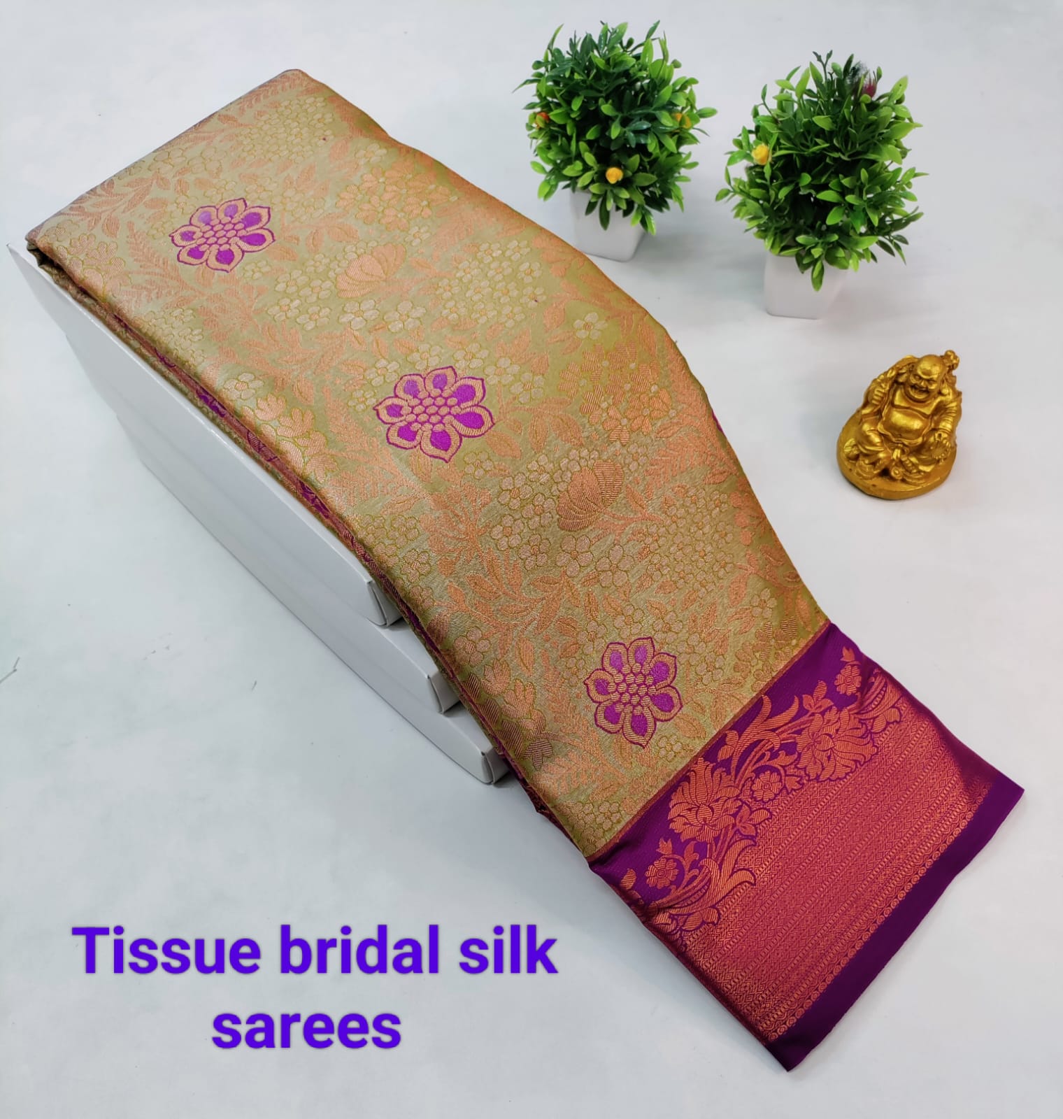 Light Cream Tissue Silk Saree with Purple Border