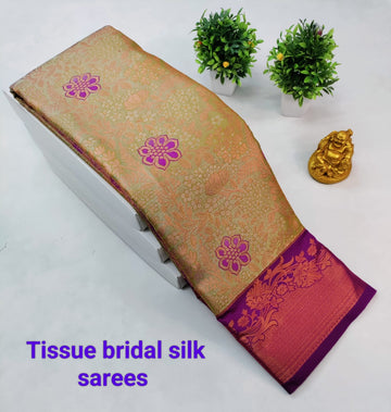 Light Cream Tissue Silk Saree with Purple Border